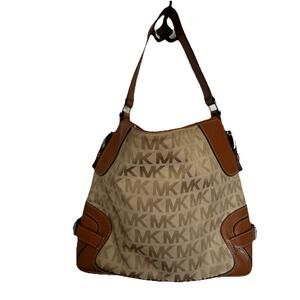 Michael Kors Saddle Brown Leather Medium Hobo Shoulder Bag Tote Jacquard Canvas